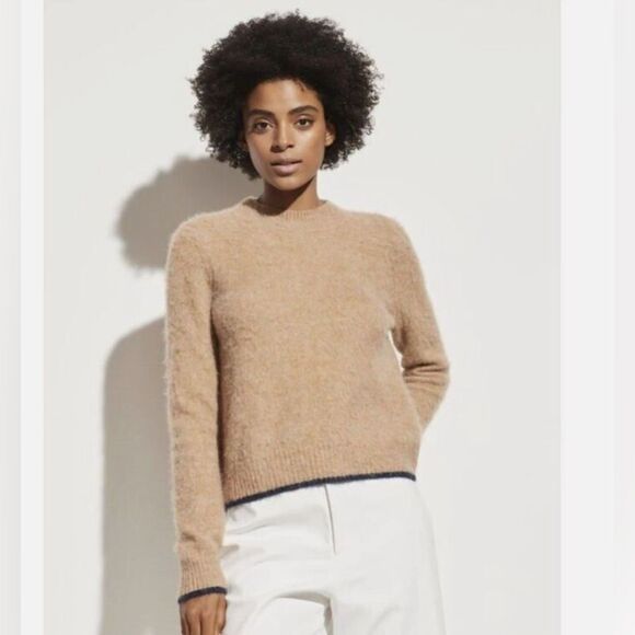 Vince Contrast Tip Wool Alpaca Blend Crew Neck Long Sleeve Sweater Brown Size S - Picture 1 of 5